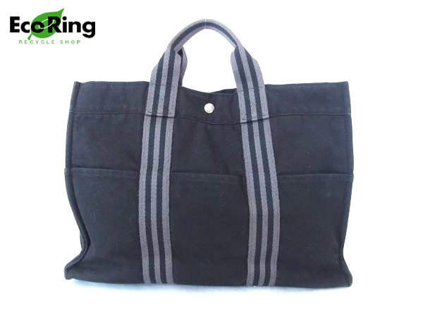 1円 エルメス フールトゥ MM キャンバス トートバッグ 黒 BG605