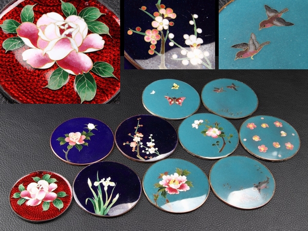 ■明治期旧家初荷/銅地銀有線七宝/細密細工/十枚コースター303