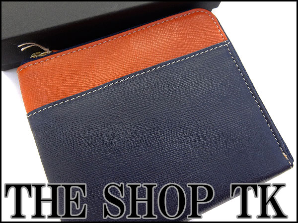 新品TKタケオキクチ L字ラウンドジップレザー財布 紺橙★K8201