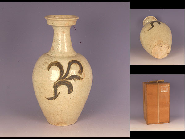 □侘び寂の逸品！李朝白磁鉄絵草文盤口瓶 李朝期 高さ29㎝□ tr2