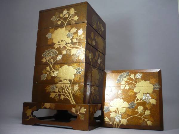 茶道具 輪島塗 上等黒内梨地金蒔絵 五段重 重箱 ☆茶道具／ 輪島塗 総梨地 極上 五段重 重箱 重台／ 高蒔絵 替蓋