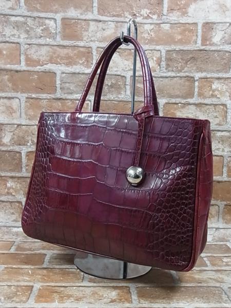 ♪ FURLA/フルラ クロコ型押し レザー ハンドバッグ ボルドー 