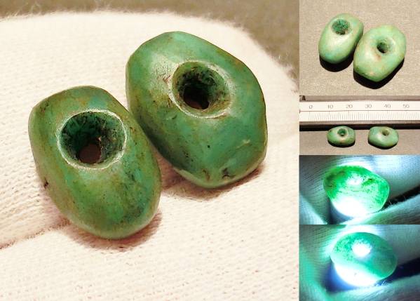 蔵出■古墳期 大粒ロウカン翡翠製 臼玉２点■勾玉大珠垂玉縄文■