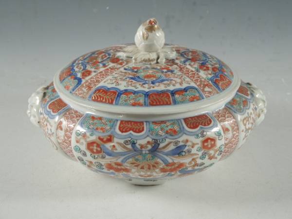 ◇伯◇古伊万里 色絵 花唐草 獅子耳 蓋物 無傷完品 江戸期 22kt1 陶芸
