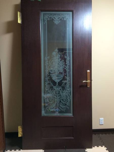 アンティーク エッチングガラス ドア 扉 建具 木製茶 1020×2155