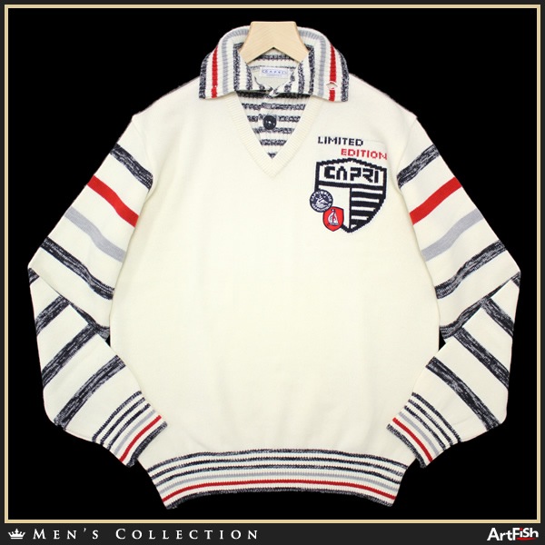 CAPRI【伊】白系ボーダー 重ね着風 ボタンVニットf622*s50新品