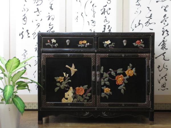 極上 逸品 黒漆 中国美術 玉 花鳥図 茶道具 飾り棚/煎茶棚/箪笥 xvpbvx