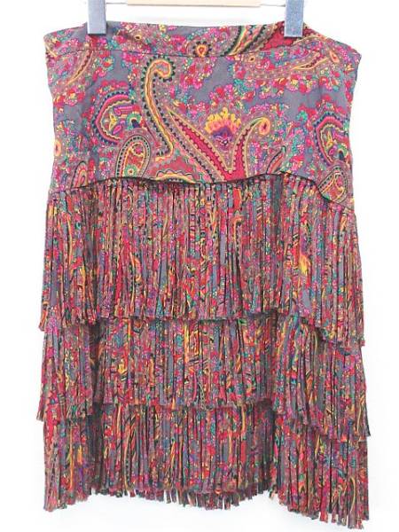 DKNY スカート 膝丈 フリンジ 総柄 シルク混 ストレッチ 2 赤系