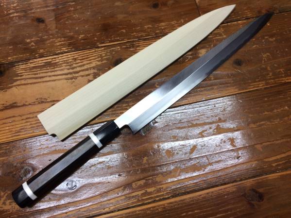 新品□青二・紋鍛柳刃包丁□360mm□黒檀大理石両輪八角柄□鞘付 楽天1