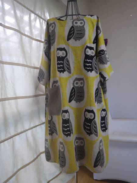 ハンドメイド：北欧 綿麻キャンバス大きなふくろうもゆるOP