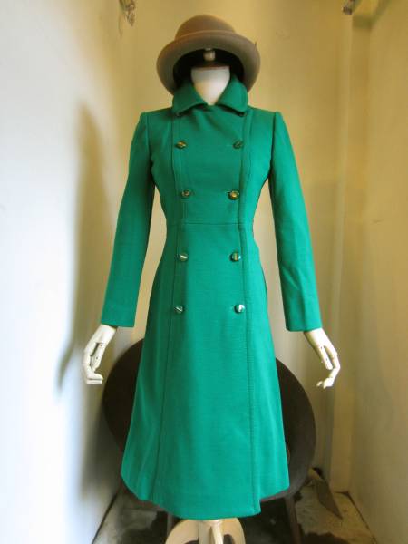 60s70s ヴィンテージレトロ緑グリーン細身ロングコートmods Ameri 