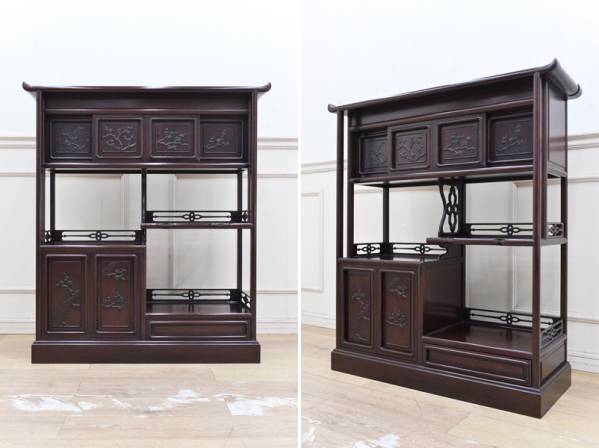 KE03古唐木 花梨紫檀 総無垢 飾り棚 茶棚 茶箪笥 煎茶道具