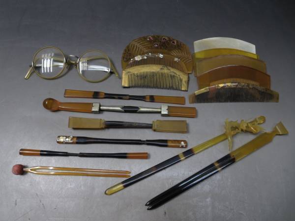 L6176★アンティークレトロ/べっ甲他/簪/かんざし/丸メガネ/17点