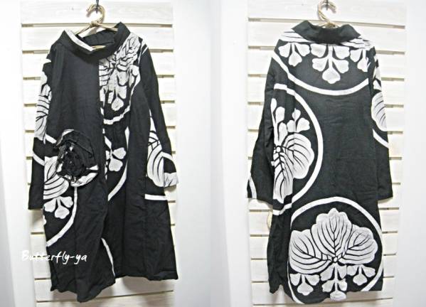 大きいサイズ和柄ワンピース家紋お花モチーフ付きリメイク