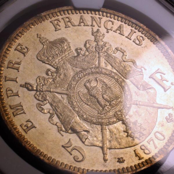 フランス 1870A 5フラン大型銀貨 ナポレオン3世有冠 NGC MS64!