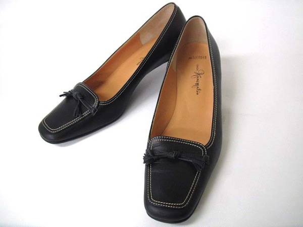 銀座かねまつ パンプス スクエアトゥ リボン レザー 黒 24.5cm