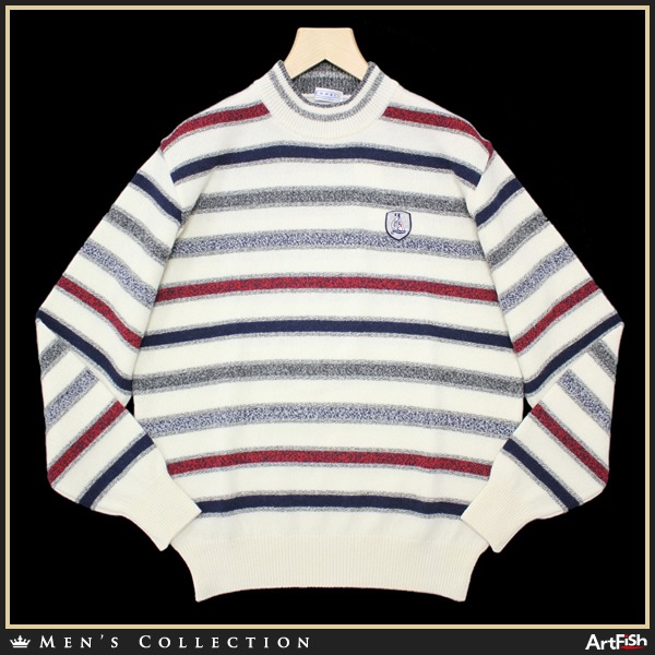 1円CAPRI【伊】白紺系ボーダー ヨット刺繍セーターf605*s50新品