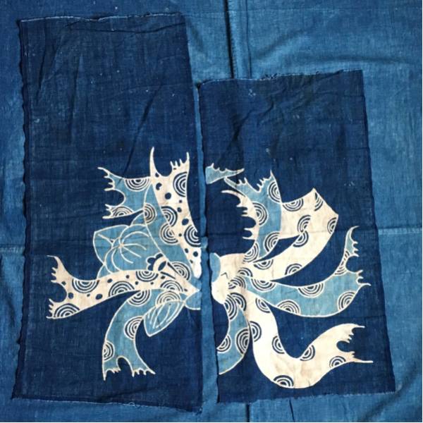 古布 藍染 型染 木綿 残布 筒書き 色落ち 2枚 ボロ