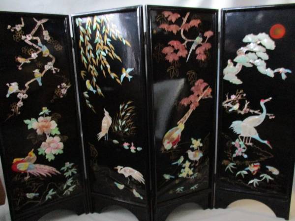□正月□中国 屏風 衝立 花鳥 玉石 貝殻細工[ 螺鈿象嵌]1277 □(アジア 