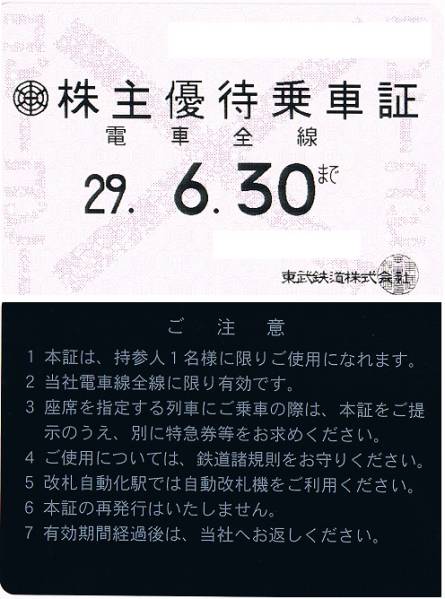 東武鉄道 株主優待乗車証 平成29年6月30日期限 8枚セット