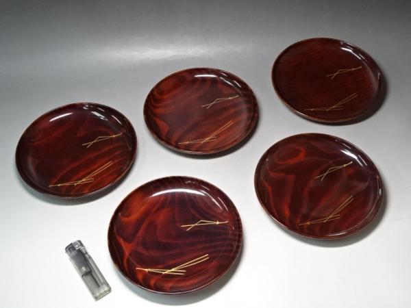 ■茶道具　金彩！松葉の図【木製　銘々皿５枚】松木地と思います