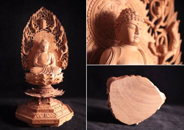 木彫・仏像　【白檀製阿弥陀如来像】　飛天光背　八角台座