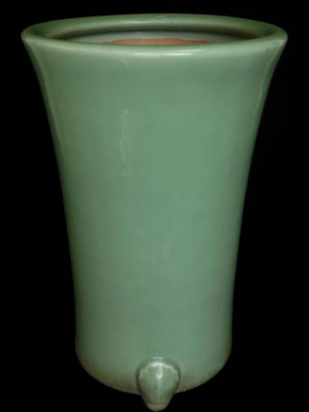 大型　尾張　青磁　無地内縁葉型足下方丸鉢　蘭鉢　植木鉢　盆器