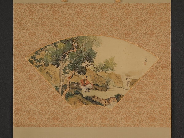 【伝来】j4030〈中林竹渓〉樹下高士図 扇面 大幅 大象牙軸 南画家 竹洞の子