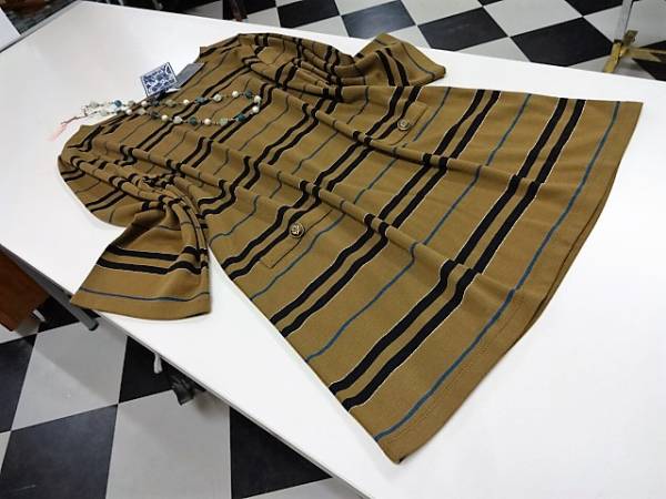 ★ジュンコシマダPART２★新品タグ付！渋いカーキにラメゴールド・ターコイズ・黒ボーダー、シック＆素敵ワンピース・Ｌ