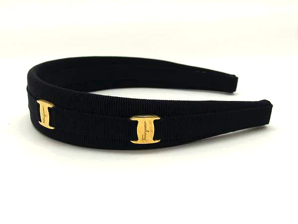 SALVATORE FERRAGAMO ブラック ビジュー ヴァラ カチューシャ 1円 美品
