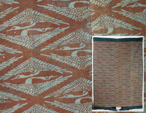 【源・h】古布 紅藍染 向かい鶴菱紋 四巾綴/裏地付