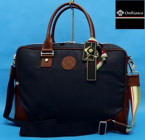 新品4.8万★オロビアンコ VERNE 本革×ツイルナイロン ビジネスバッグ★濃紺