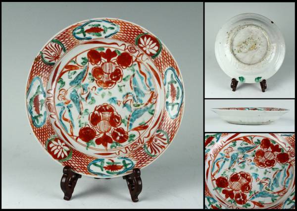 呉須赤絵　魁花鳥文鉢　中国　骨董　明、清時代 呉須赤絵魁手鉢（明時代） - 天平堂（TENPYODO）