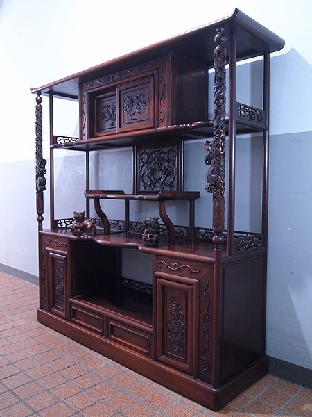 唐木家具 本花梨 総無垢 茶棚 高級 茶道具 飾り棚 彫刻 煎茶道具骨董