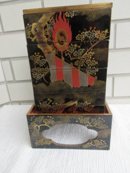 骨董○金蒔絵花紋四段重箱○H32cm 流 時代漆器 明治時代 桜