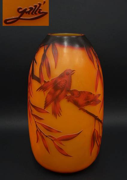 【閑寂堂】旧家蔵出 ガレ(Galle)被せガラス『柳千鳥文』花瓶 フラワーベース 飾壺 インテリア☆美品☆高25㎝■