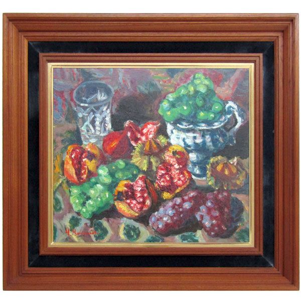 水彩画 ボトルと果物 静物画 額装済み F6号サイズ 美術品・アンティーク・コレクション 果物と瓶の水彩画額装済み F6号サイズ