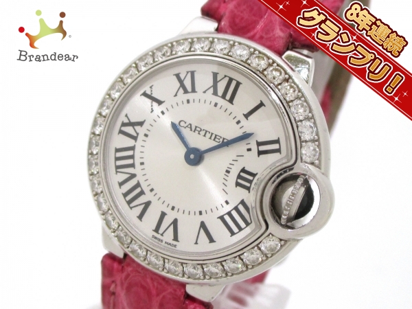 カルティエ Cartier 腕時計 バロンブルー SM WE900351 ダイヤモンドベゼル シルバー サンレイ文字盤 K18WG ピンク アリゲーター レザーベルト クオーツアナログ 【箱・保付き】 【中古】 カルティエ Cartier 腕時計 バロンブルー SM WE900351 ダイヤモンド