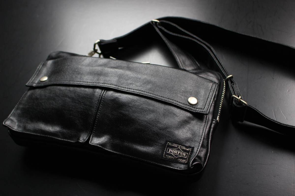 1 メ込！ PORTER ポーター レザー 斜め掛け ショルダーバッグ 黒 ☆超 