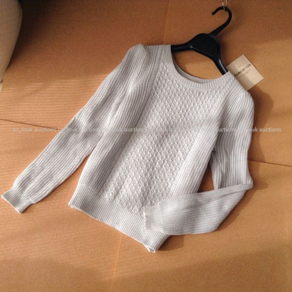 美品1.5万*Apuweiser-riche*後ろレースニット2 *模様編み コットンニット ブルーグレー スリット プルオーバー 秋 セーター 長袖 通勤 旅行