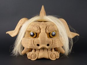 大阪販売中 (2)木彫り獅子舞【宇津 獅子頭】1尺木地堅塗り 朱漆塗り