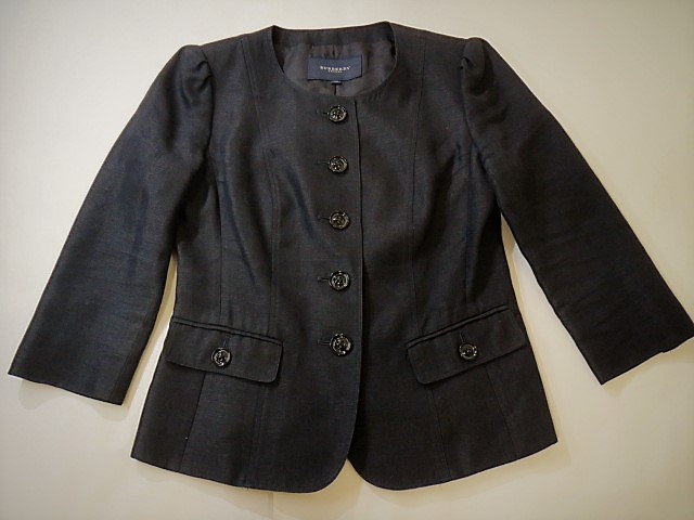 ☆BURBERRY LONDON バーバリー☆麻混 8分袖 ノーカラージャケット 黒