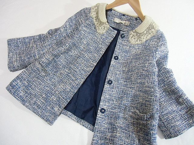 美品！nesessaire ネセセア ◆パール＆レース衿付きツイードジャケット リボンポケット付き◆ Ｆ