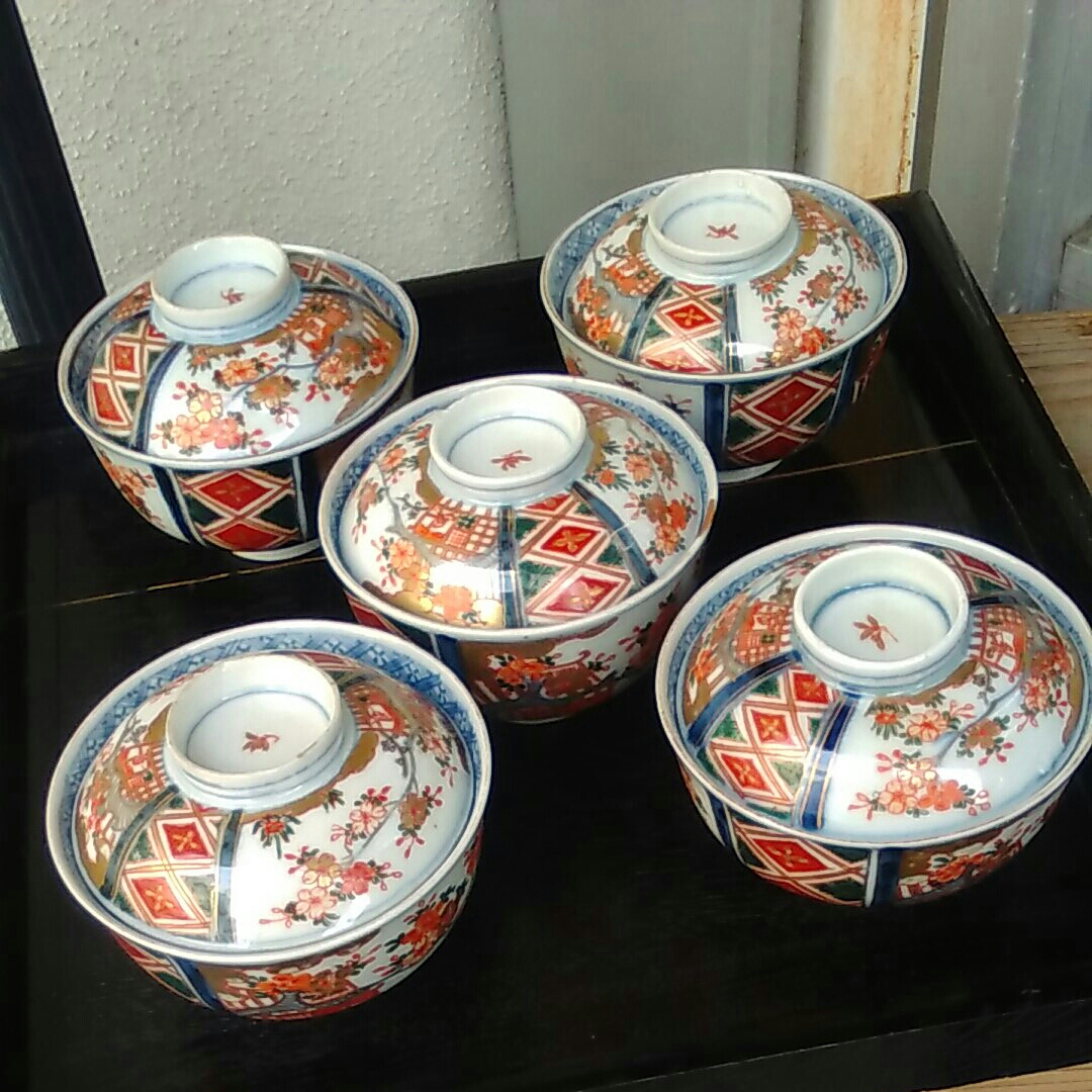 蓋茶碗 骨董 アンティーク 古伊万里 茶碗 伊万里 染め付け 5つ 染錦