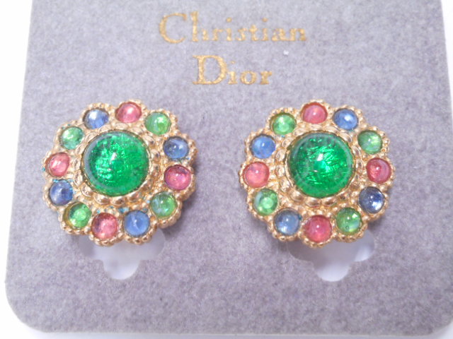 Christian Dior クリスチャンディオール イヤリング ゴールド金具 フラワーモチーフ マルチカラー 未使用