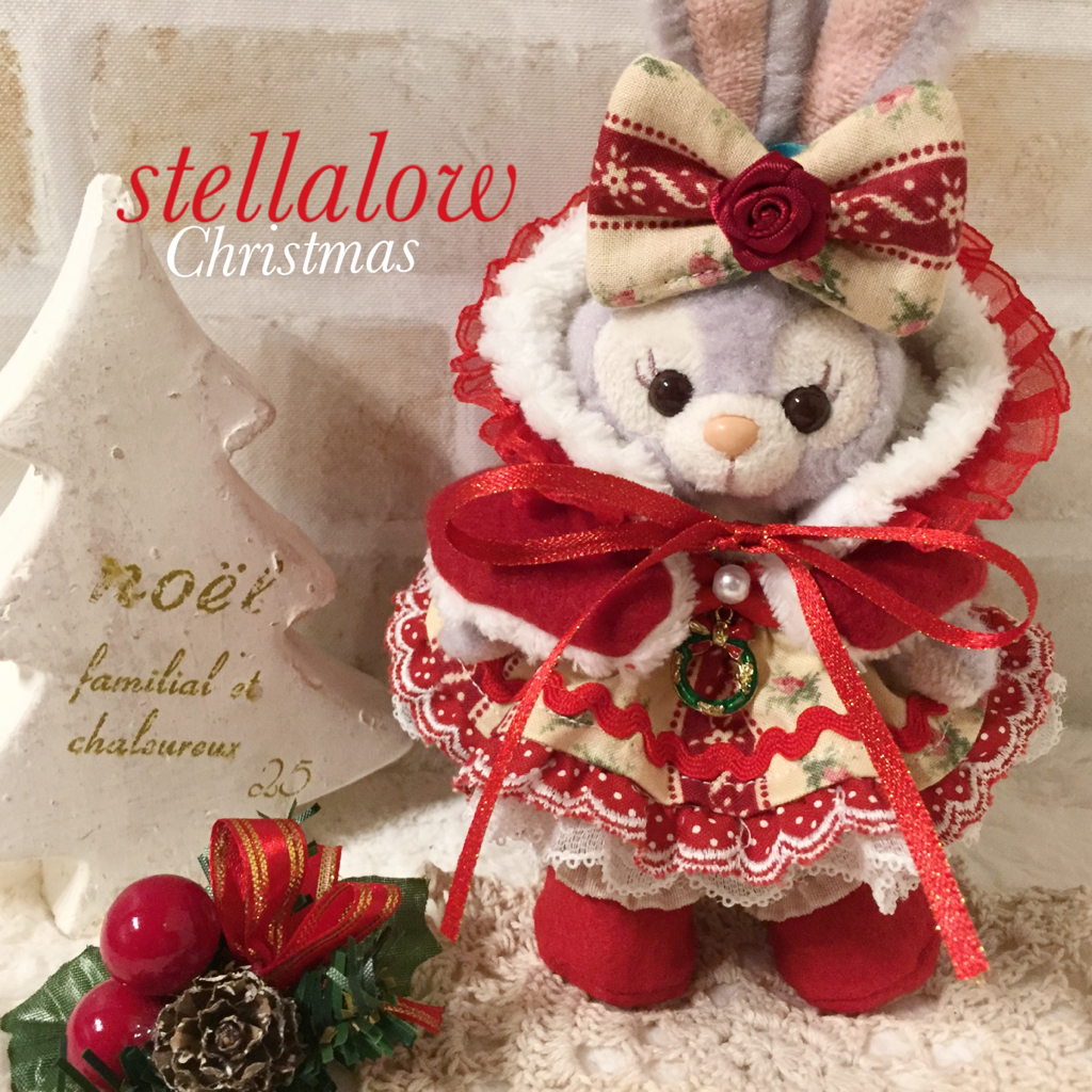 ふわふわレッド&花柄♪ クリスマスコスチューム ぬいぐるみバッジ用 ぬいば °☆ステラルー☆° ステラ・ルー ハンドメイド ディズニー
