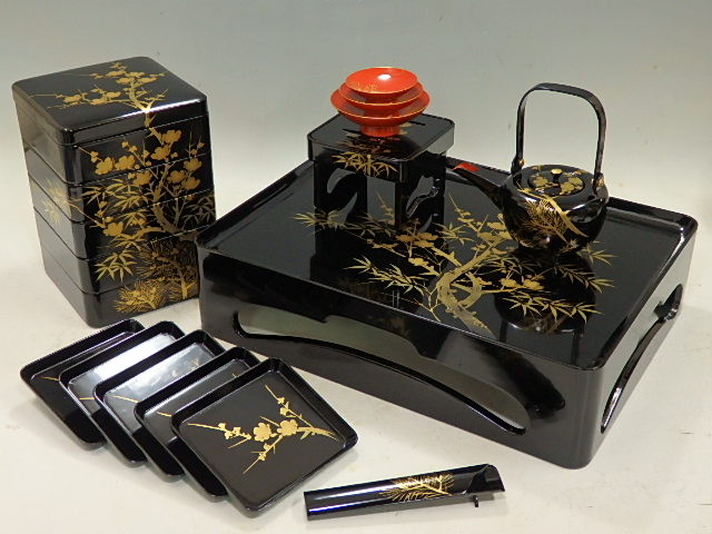 I10807 □木製【松竹梅 屠蘇七ツ揃】屠蘇器・三ツ盃・盃台・膳(45.5