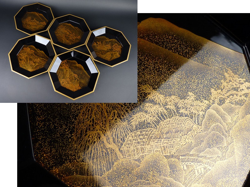 都屋】輪島屋本店謹製 「山水蒔絵 盛器」 5客 絵変り 木製 菓子器