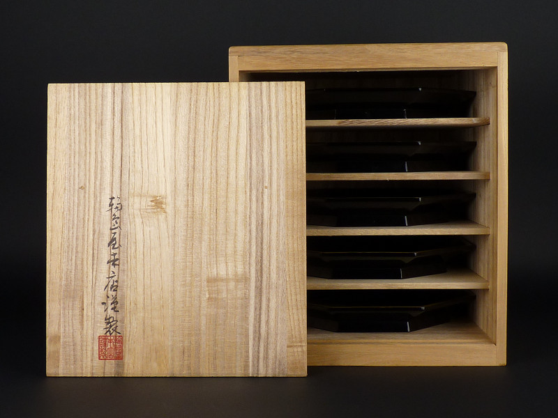 都屋】輪島屋本店謹製 「山水蒔絵 盛器」 5客 絵変り 木製 菓子器