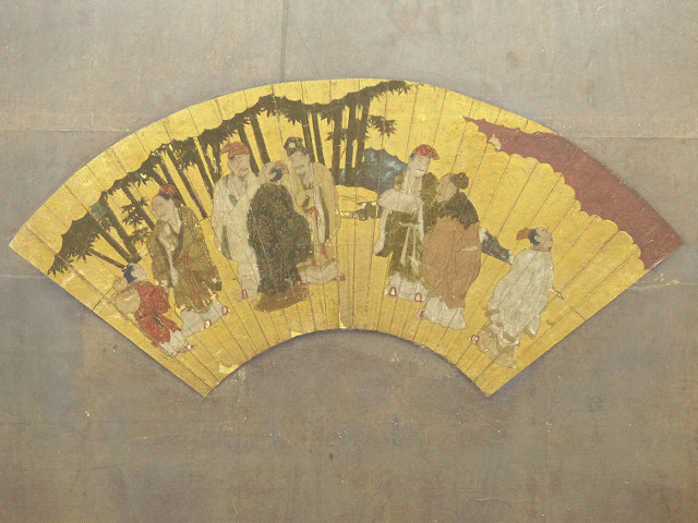 ◇武士◇中国日本画 貼り混ぜ扇面時代大和絵屏風 4曲半双